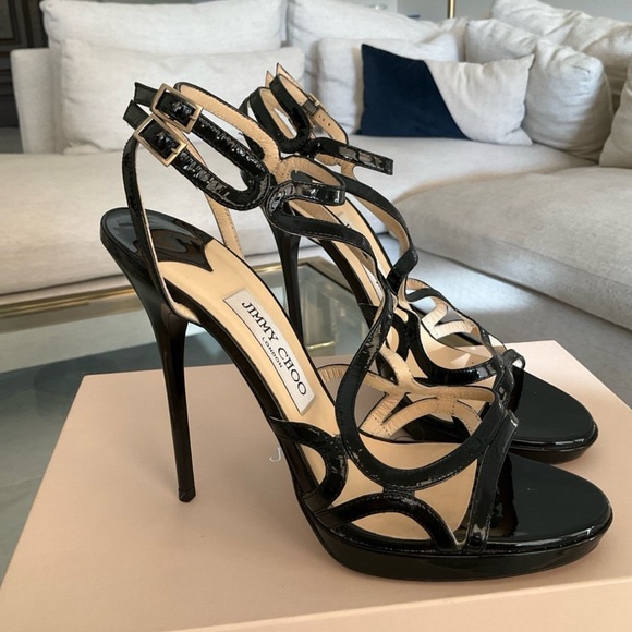 Authentic Jimmy Choo Glossy Elaphe black patent strappy heels, sz. 39 - Picture 2 of 14